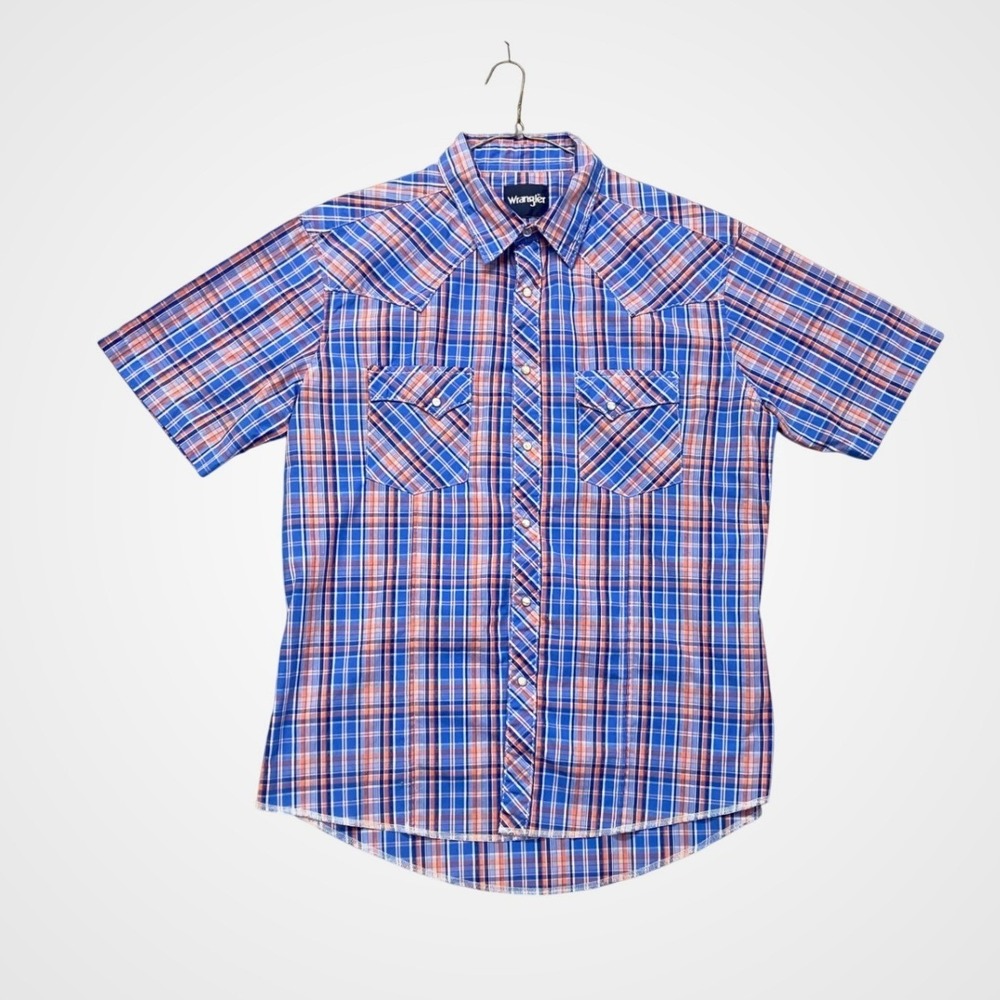Wrangler Western Shirt Mens L Blue Orange Plaid Short Sleeve Snap Front